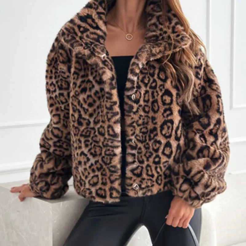 Fashion Artificial Fur Texture Jacket For Woman Elegant Leopard Print Short Women Jacket 2024 Autumn Winter New Women\'s Clothing