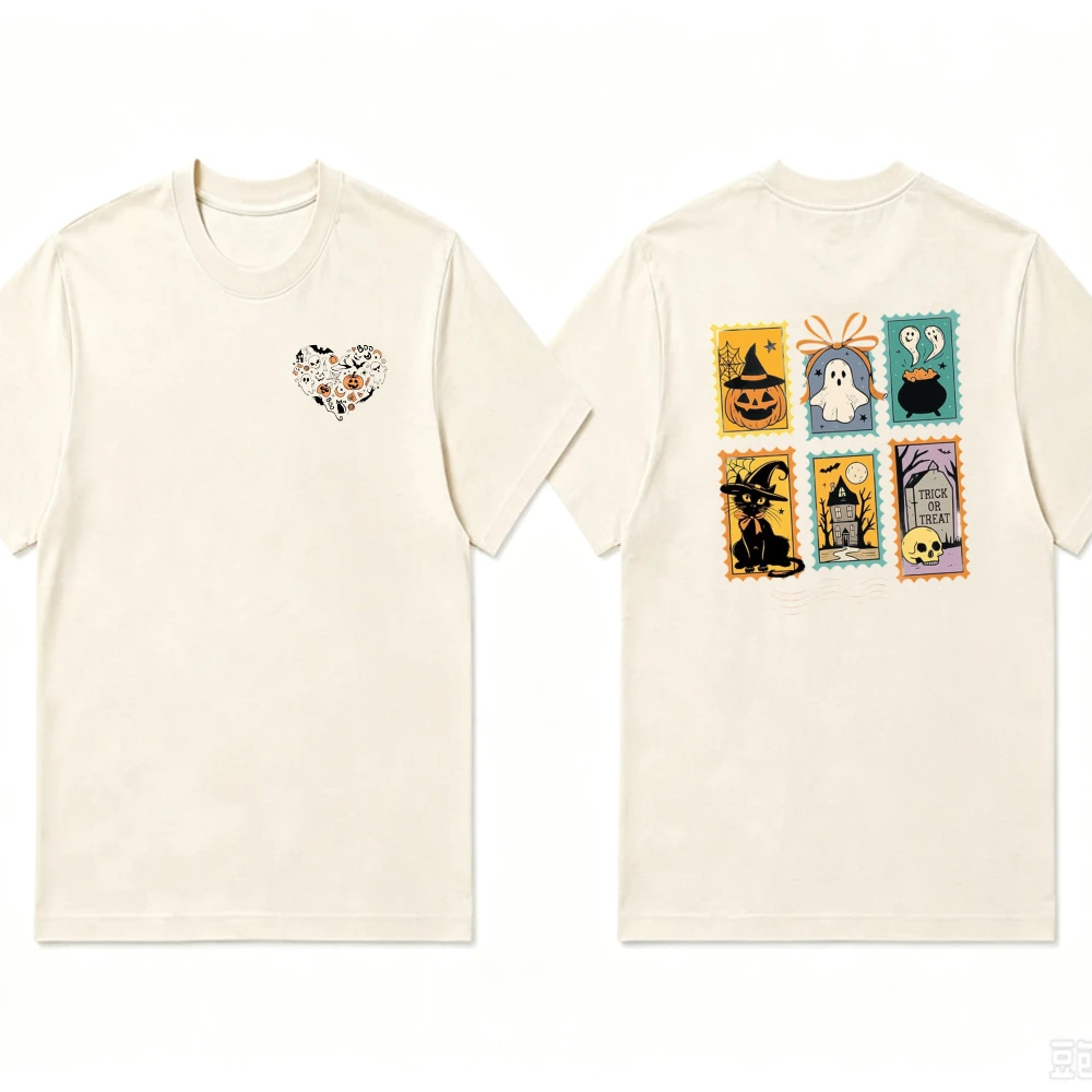 Halloween Stamp T‑Shirt Witch Ghost Pumpkin Black Cat Heart Print Tees Casual Cotton Top Retro Spooky Fall Holiday Party Gift