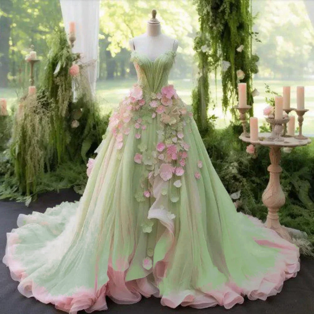 

Formal Sweetheart green and pink appliques evening dress sleeveless Chapel Train Draped Prom Gown Elegant Women Long Dresses