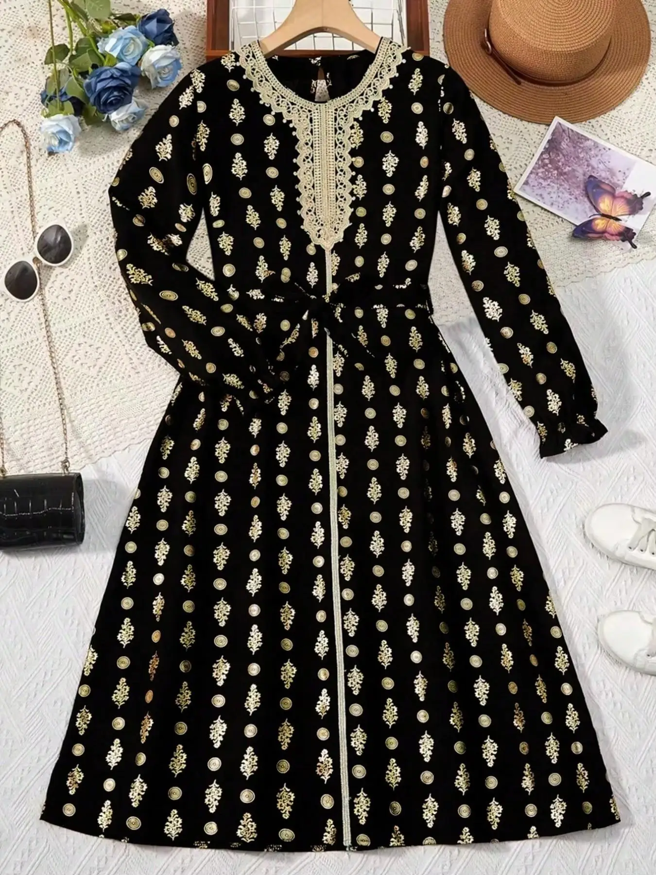 Girls' Bohemian Style Gold Floral Print Dress Long Sleeve Lace Trim Breathable Fabric for Eid Outing
