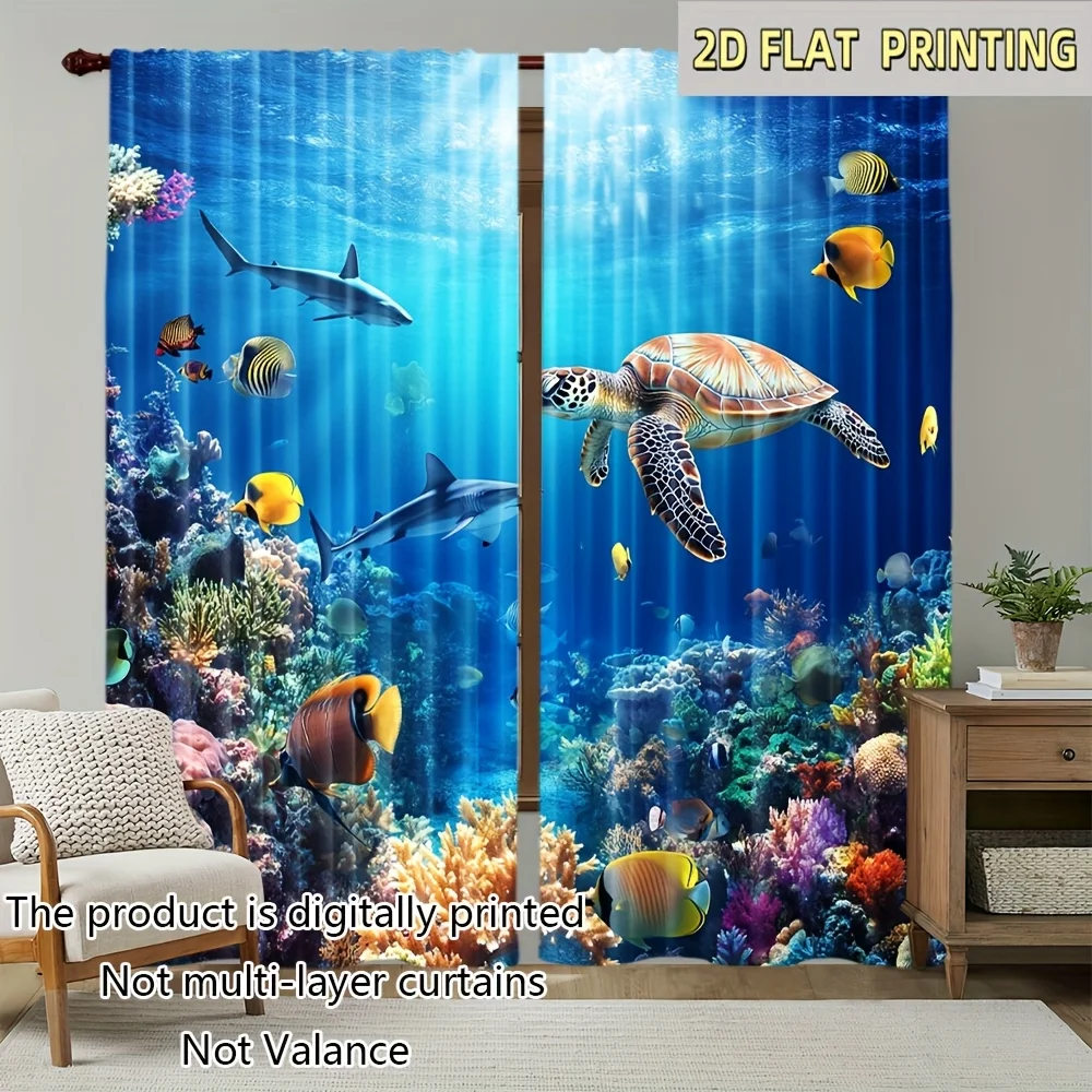 2pcs Ocean Life Curtains Sea Turtle Shark Coral Reef Print Drape Living Room Bedroom Window Treatment Marine Home Decor Panels