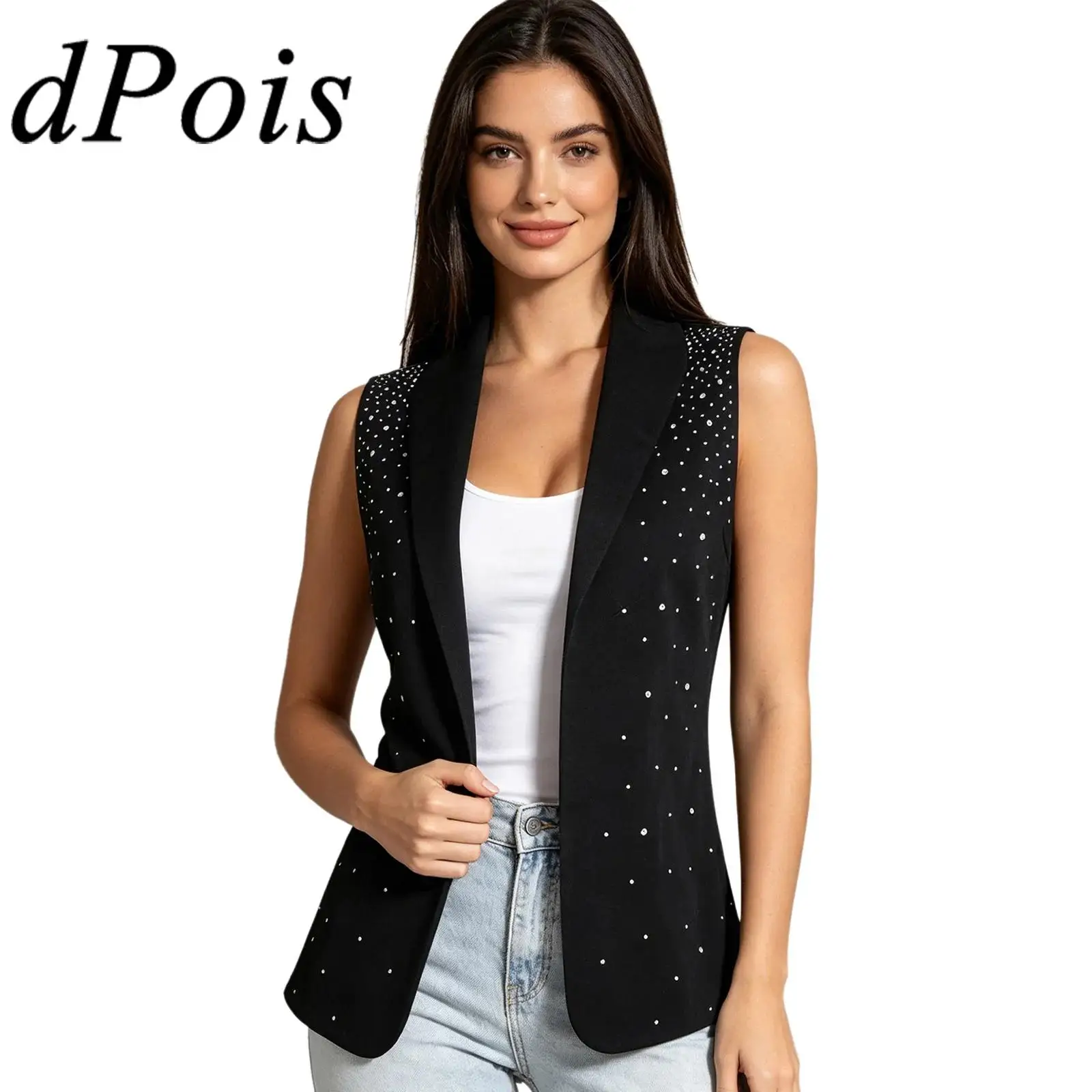 

Women's Vest Glitter Rhinestones Sleeveless Blazer OL Waistcoat Lapel Korean Fashion Office Lady Tank Top Trendy Vests Clubwear