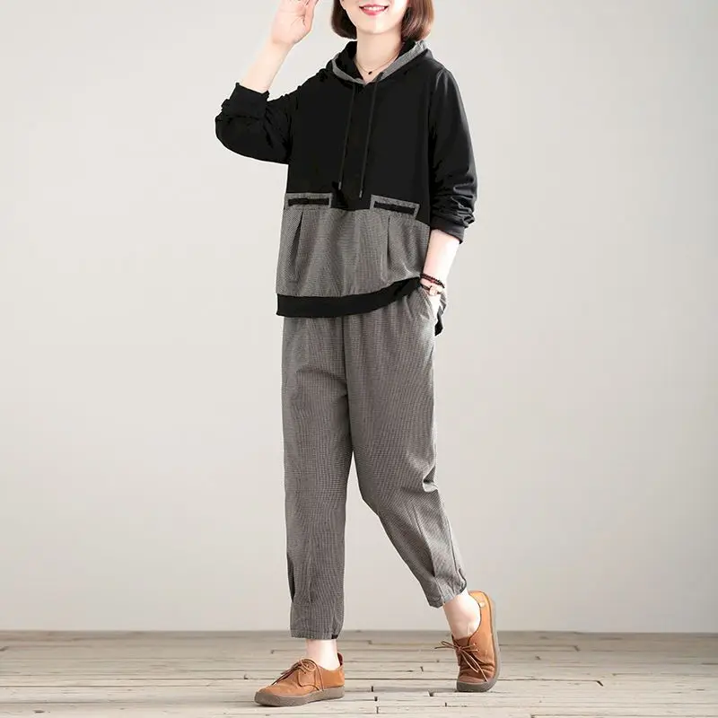 

Spring Suits Women 2024 New Fashion Casual Oversized Hoodies Sets Loose Temperament Hoodie Trousers Vintage Two-piece Suit Women