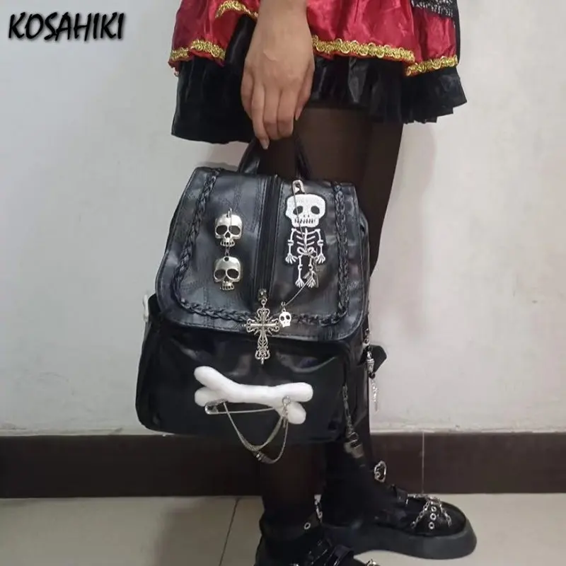 Koreański modny Y2k estetyczny słodki fajny plecaki dla dziewczyn Vintage krzyż czaszka Punk torby damski łańcuszek Tassel Casual Gothic plecak