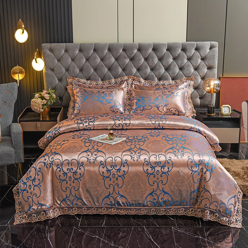 European satin jacquard four-piece set, polished lace lace quilt cover, bed sheet, high-end bedding kit