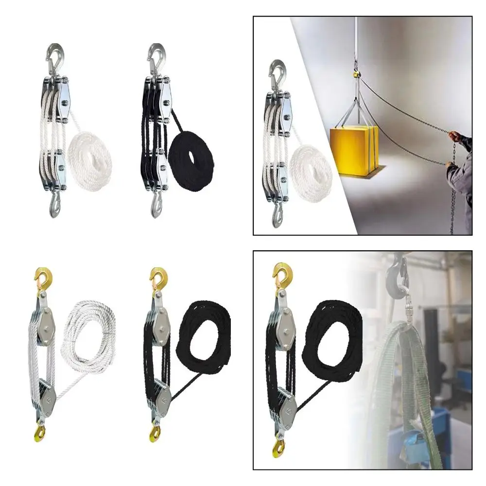 Heavy Duty Handheld Crane Polyethylene Rope Zinc Alloy Hook Rope Pulley Block 270° Rotatable Steel Wheel Lifting Pulley