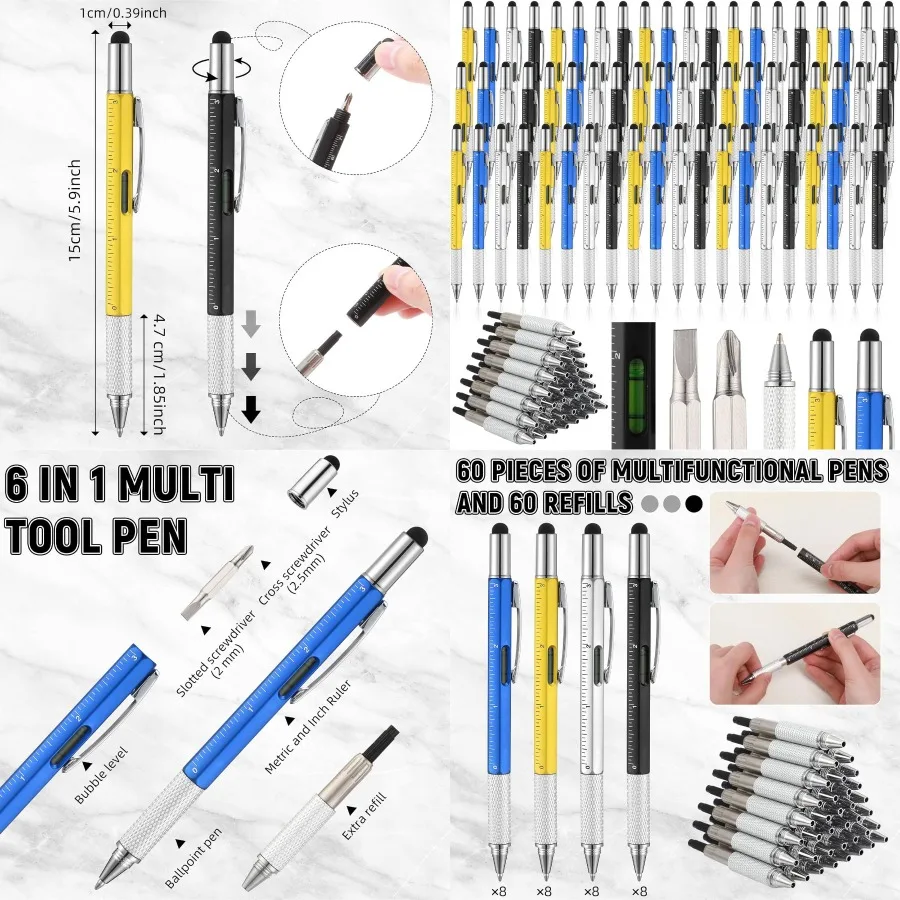 

Yeaqee 60 Pcs Multi Tool Pen Gifts for Fathers Day 6 in 1 Screwdriver Multi Function Pens with Black Ink Refills Ruler Level Ga