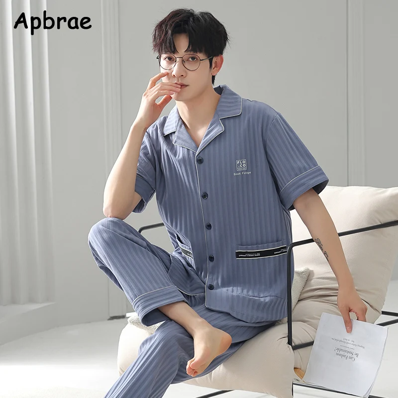 Cotton Men Pajamas Spring Autumn Soft Short Sleeves Long Pants Pijamas Plus Size L-3XL Man Sleepwear Cardigan Man Homewear