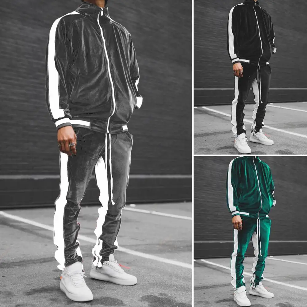 2 Piece Set Tracksuit Men Spring Autumn Striped Jackets Sweatshirts + Pocket Pants Casual Gold Velvet Suit Sport Jogging Set