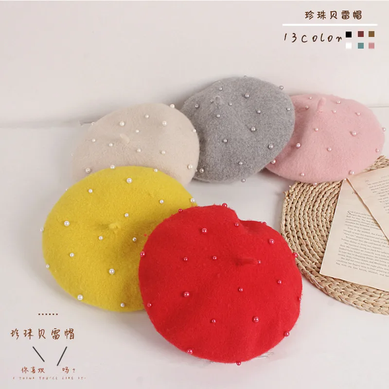 VISgogo Fashion Kids Girls Berets Hats Lovely Pearl Beanies Hats Spring Autumn Winter Toddler Girls Princess Hats Accessories