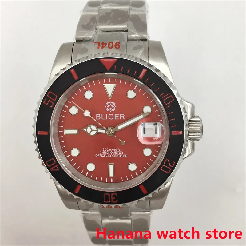 Imagem -02 - Bliger-relógio Mecânico para Homens Submarino Japonês 24 Gem Movimento Nh35 Sapphire Moldura Cerâmica Mostrador Vermelho 40 mm Novo