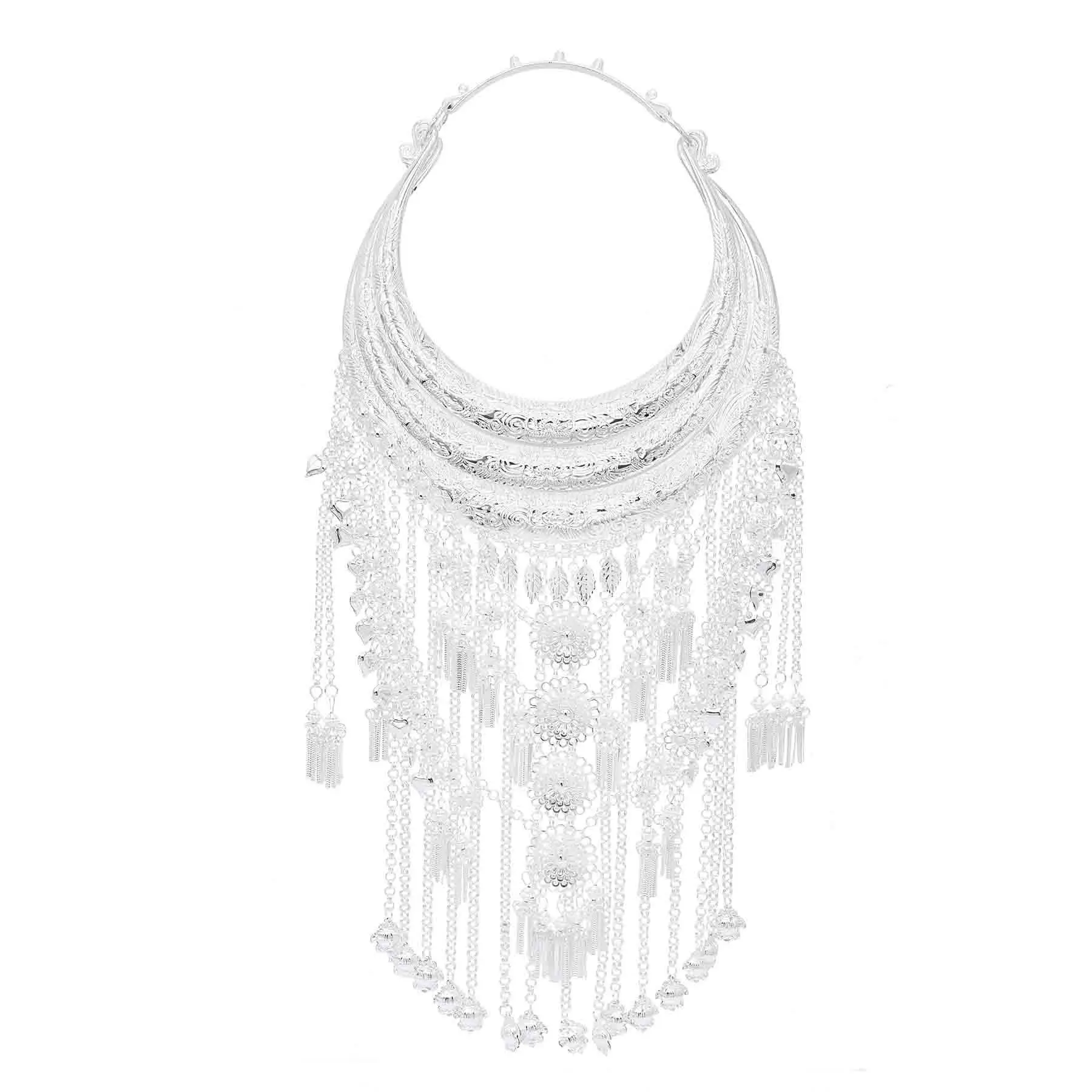 Silver Plated Long Chains Hollow Flower Leaf Moon Choker Necklace for Women Traditional Miao Ethnic Bride Wedding Dance Jewelry