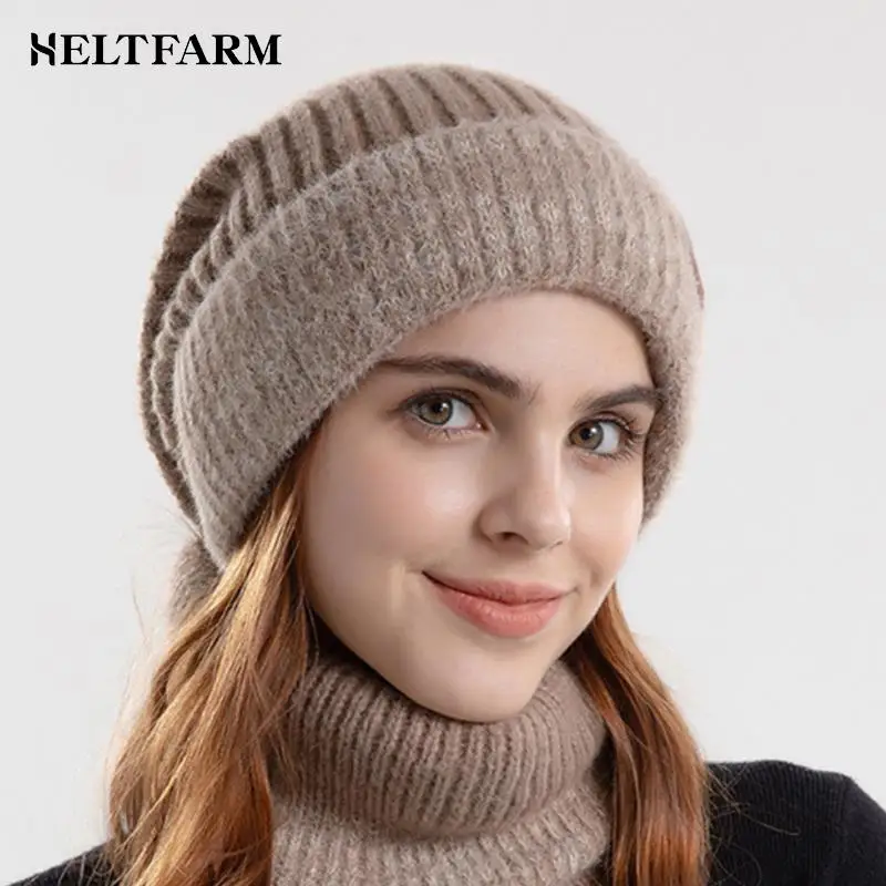 Winter Hat & Scarf Women\'s Two Tone Fashionable Ear Protection Beanie Hat Plush Neck Warmer Scarf Set