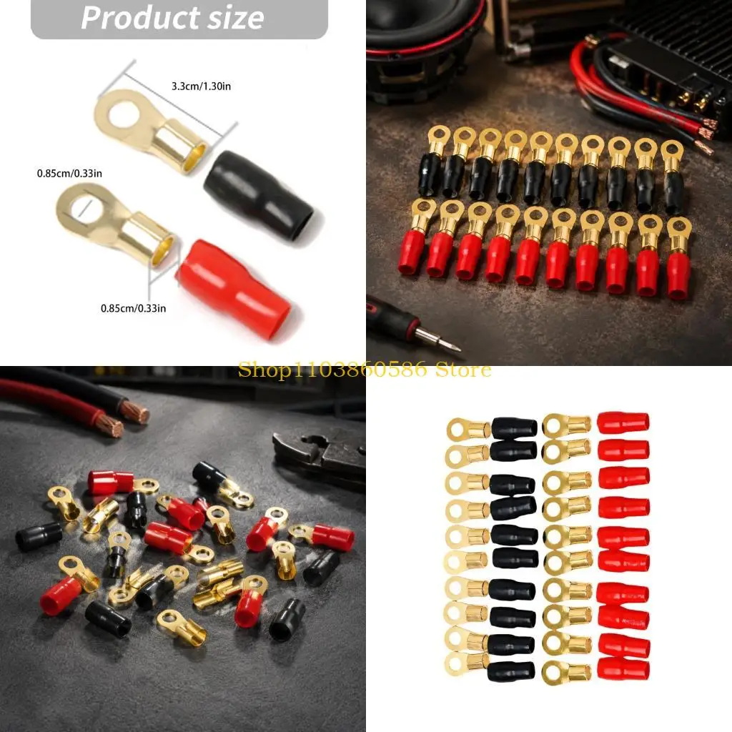 242A Red and Black 4 AWG Wire Terminal Set for Automotive Sound Systems, 20 Brass Eyelet Pieces and 20 Separate Sleeves for