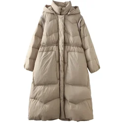 2023 nuovo inverno bianco piumino d'anatra donna cappotto con cappuccio allentato lungo piumino di fascia alta EuropeanFashiona calore donna abbigliamento da neve soprabito