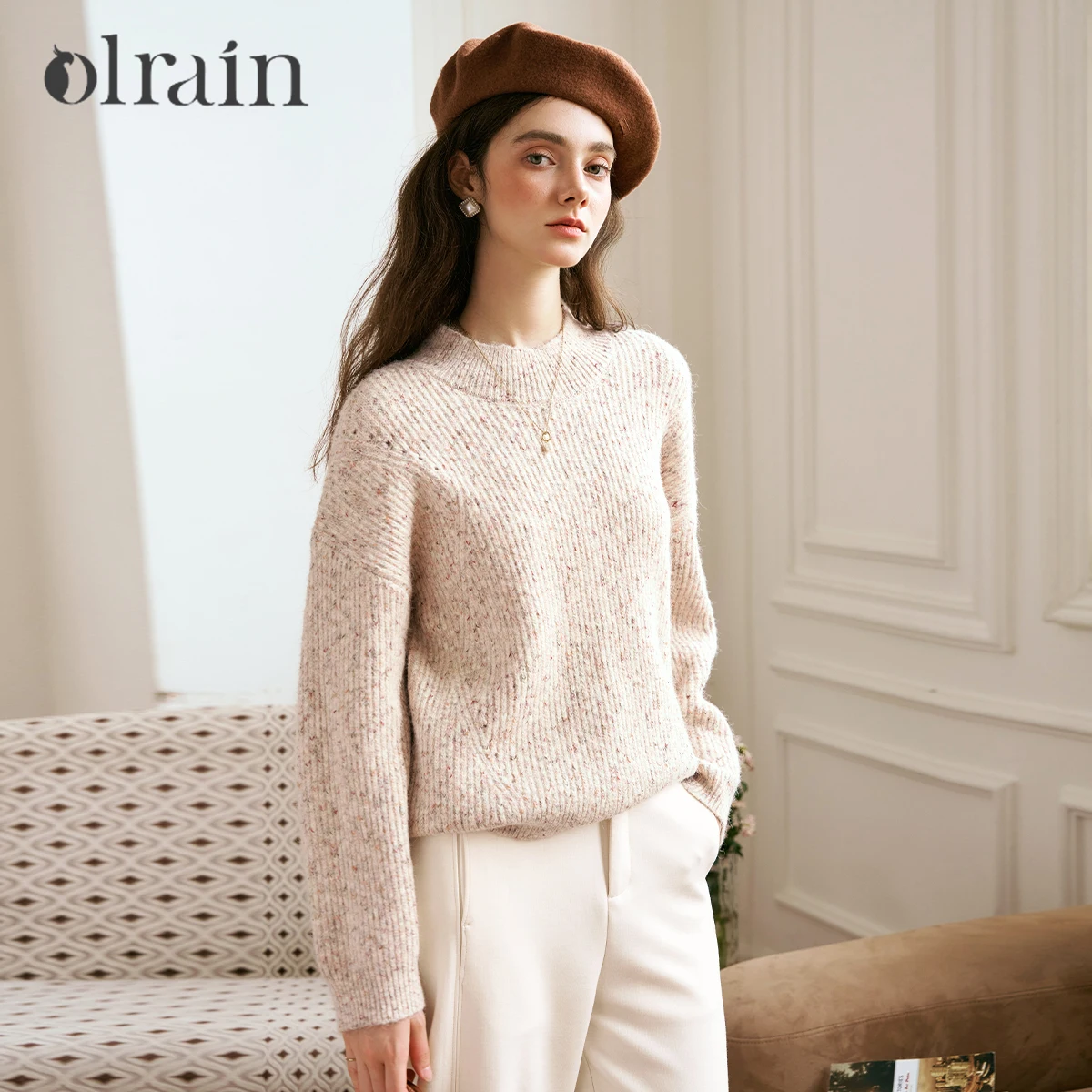 

OLrain Women's Knit Long Sleeve Pullover 2025 Autumn French Style Semi-Turtleneck Sweater Simple Lazy Casual Jumper O56DZ86531