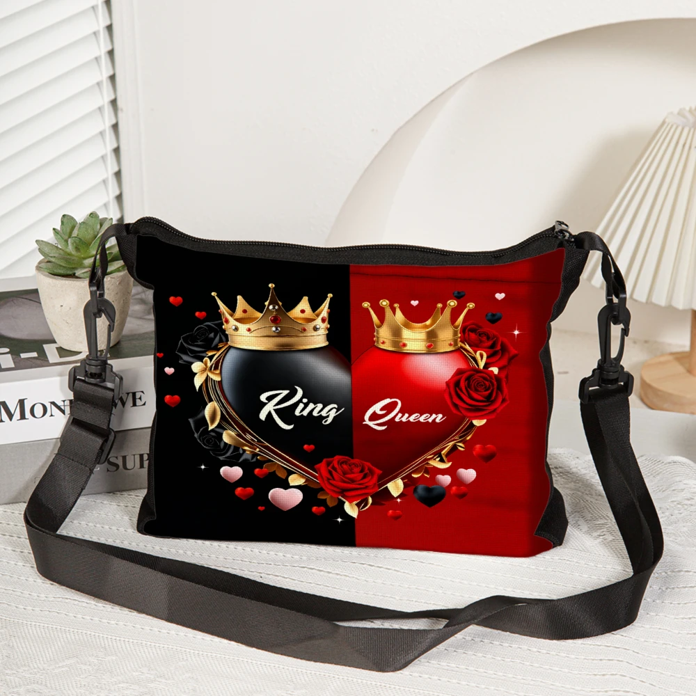 1pc King Queen Crown Rose Print Crossbody Bag Black Red Shoulder Bags For Women Fashion Casual Daily Use Travel Shopping Party