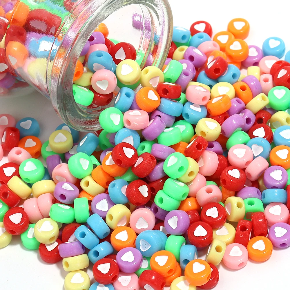 

100pcs/lot Acrylic Flat Round Heart-shaped Beads Loose Spacers Beads DIY Jewelry Making Necklace Phone Key Chain Accessories