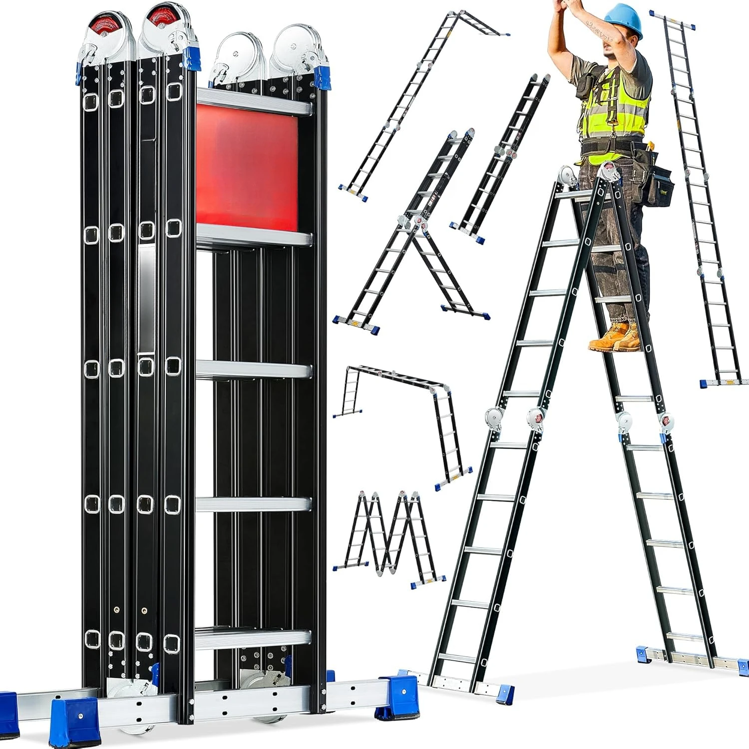 Folding Step Ladder, 19.6ft, 7 in 1 Multi-Purpose Folding Adjustable Telescoping Aluminium Extension Ladders, 330lbs