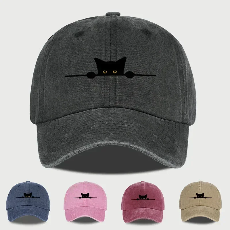 

Retro Cartoon Cat Print Washed Baseball Cap – Adjustable Unisex Cute Cat Lover Sun Hat, Perfect for Fishing and Camping