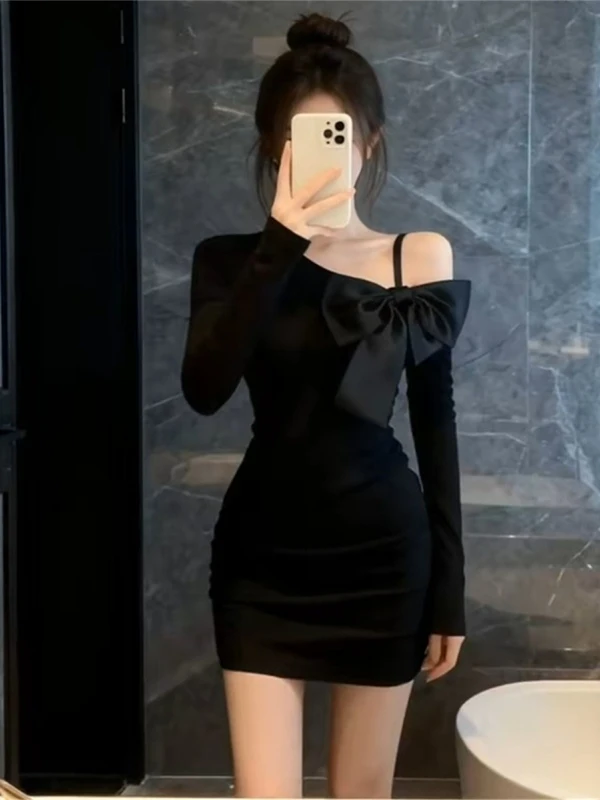 

Sexy oulder Bared Long Sve Dr Women's Autumn Winter Knot Waist Cinching Slimming ort Skirt Tight Fit A-Line