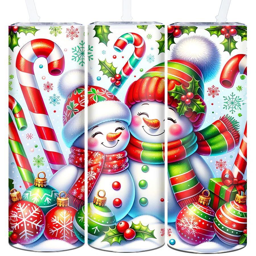 1Pc Xmas Water Mugs Straw Lid 20oz Stainless Steel Insulated Straight Mugs 3D Print Christmas Snowman Tumblers Party Supplies