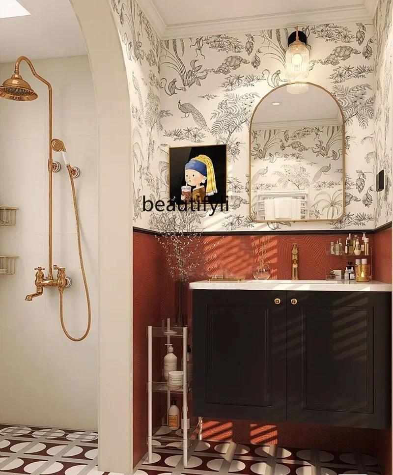 

YH Black Bathroom Cabinet Combination French Bathroom Table Simple Bathroom Cabinet Wash Basin Retro