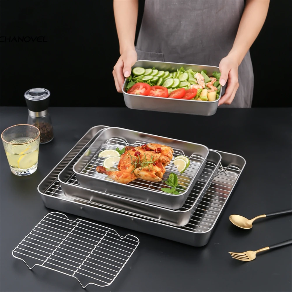 Stainless Steel Baking Pan Tray With Wire Rack Cake Baking BBQ Pan Tray Plate Oven Brownie Rack Kitchen Cooking Roasting Tool