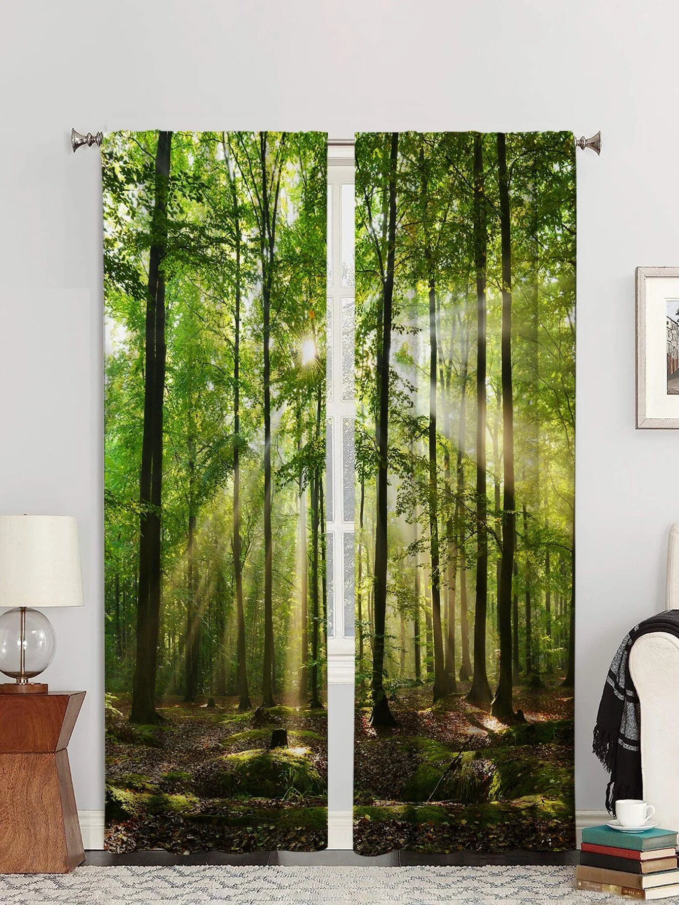 2pcs Forest Sunshine Natural Scenery Window Curtains, Perfect For Bedroom Office Living Room Study Kitchen Door Home Decor Hook