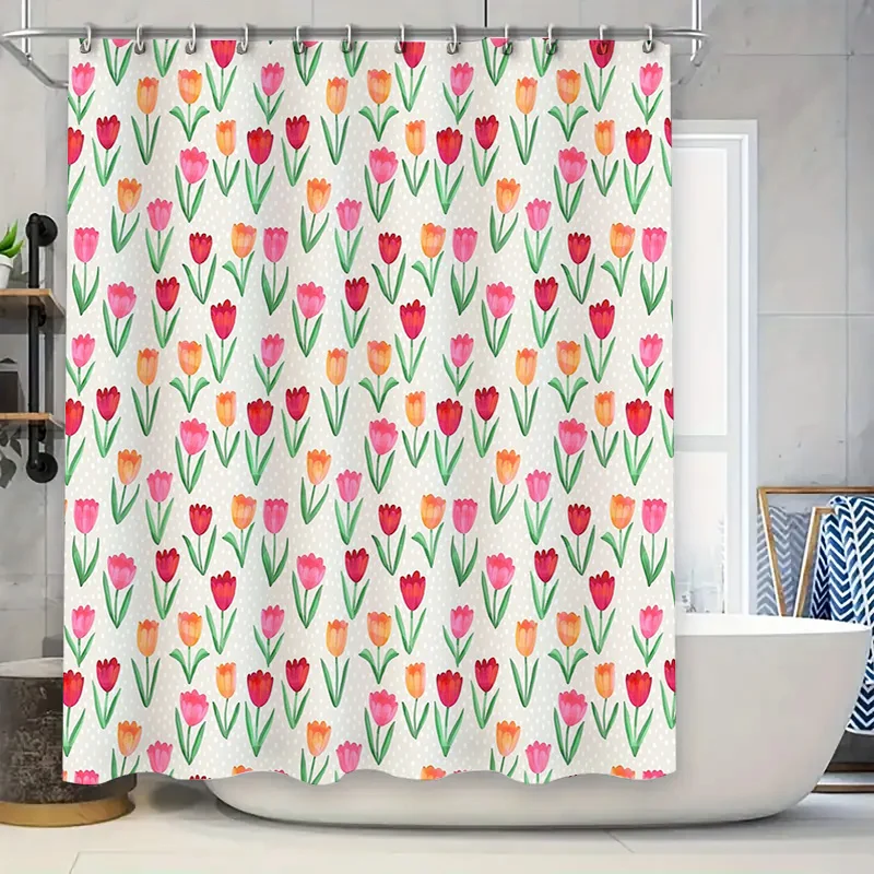 الأزهار دش الستار النباتية زهور التوليب نمط مقاوم للماء الحمام ديكور خمر ريفي مزرعة المنسوجات المنزلية الجمالية #1