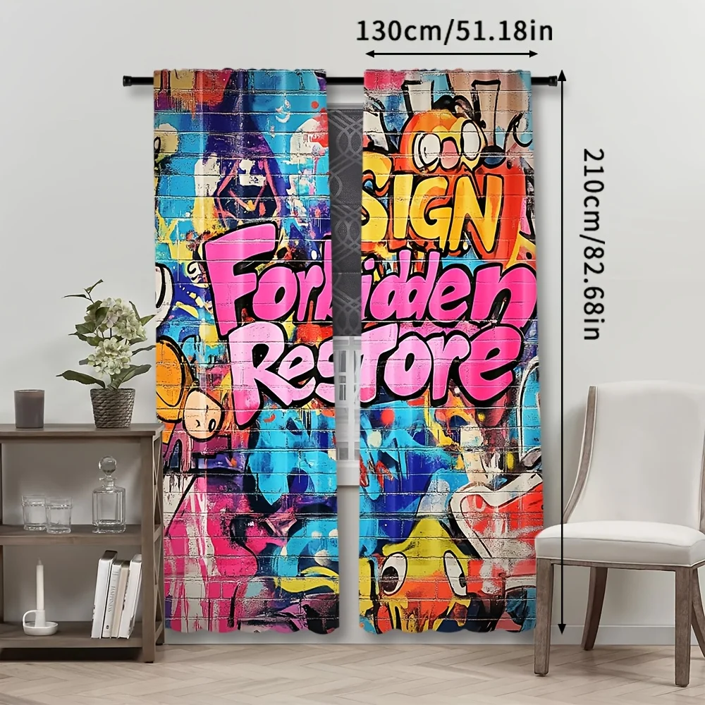 2PCS Digital Print Curtains, Urban Graffiti Street Art, Hip Hop Style