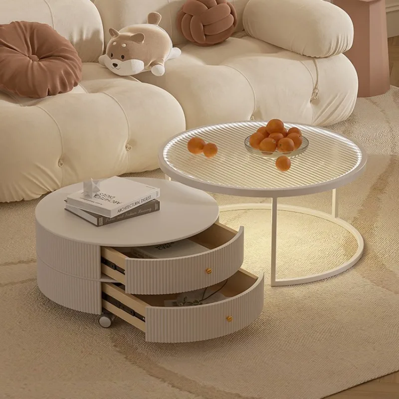 

Cream wind coffee table light luxury small apartment round rock slab living room household with drawers removable coffee table