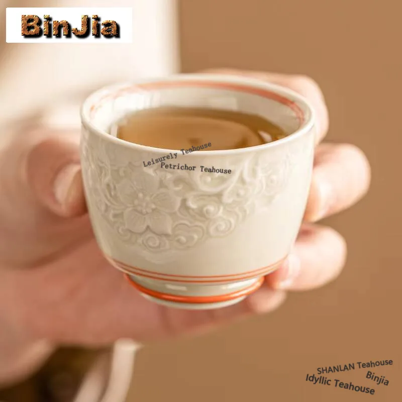 50ml Hand Drawn Double Line High Foot Tea Cup Relief Peach Blossom Single Master Cup Personal Tea Bowl Coffee Mug Kung Fu Teaset