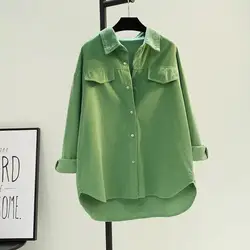 Avocado Green Mid-length Corduroy Shirt for Women Spring New Thickened Double Pocket Shirt Jacket Cardigan