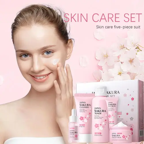 Imagen 2 del producto LAIKOU Japón Sakura conjunto para el cuidado de la piel suero crema iluminadora rejuvenecedora hidratante brillante desvanecimiento imperfecciones 5 unids/set