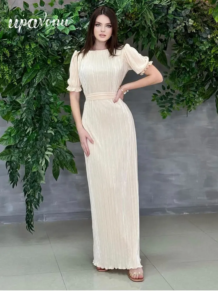 

2024 Summer Elegant Women Slim Fit Long Dress O-Neck Lantern Short Sleeve Belt Design Hundred pleats Dress Evening Party Vestido