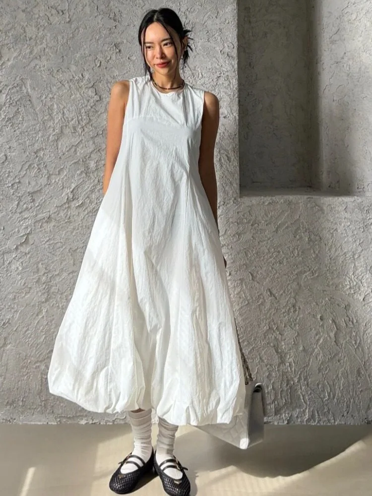 White Sleeveless Flower Bud Skirt Vest Dress Women Summer New Loose Long Dress Korean Style Casual Wear for Various Occasions