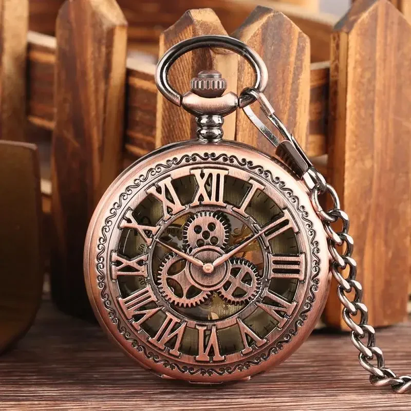 Classic Hollow Rose Gold Gear Design Men Women Hand Winding Mechanical Pocket Watch Retro Clock Fob Pendant Chain Timepiece
