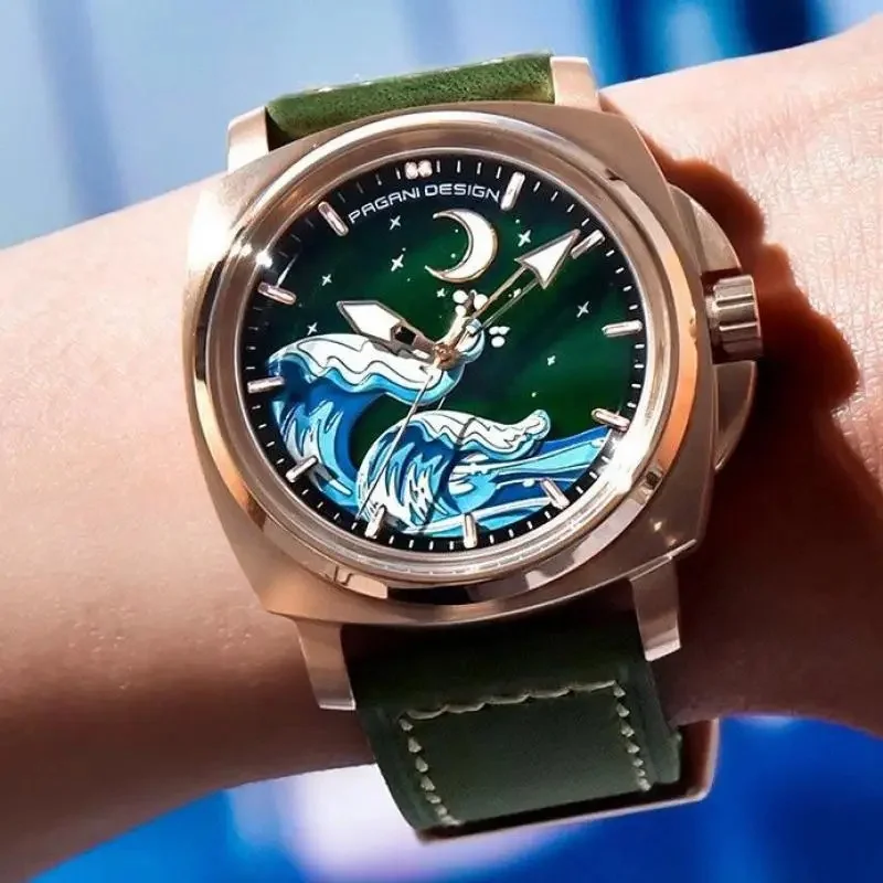 PAGANI DESIGN PDYS014 43MM Men Automatic Watch Synthetic Sapphire AR+AF Glass Sea Wave Moon Dial Leather Strap Male Dress Watch