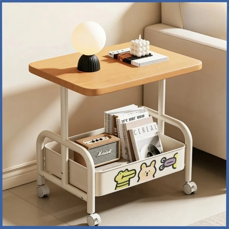 Rolling Laptop Desk & Storage Table - Double-Tier Mobile Stand with Basket, Perfect as Sofa Side Table or Bedroom Nightstand