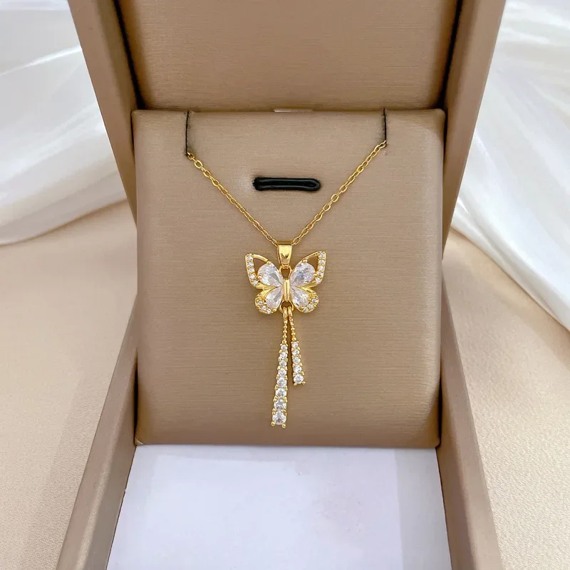 Temperament Butterfly Tassel Full Crystal Pendant Necklace for Women Luxury Gold Color Stainless Steel Clavicle Chain Jewelry