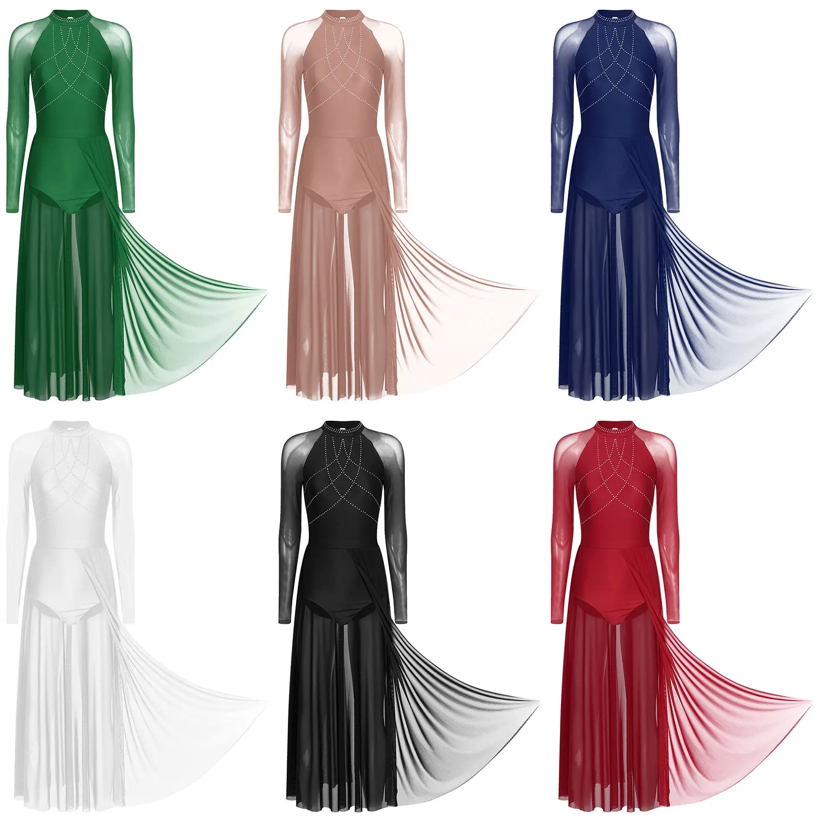

Women's Sparkling Performance Costume Dress Long Sleeve Press Button Neckline Rhinestone Bodice for Prom Lyrical Modern Dance