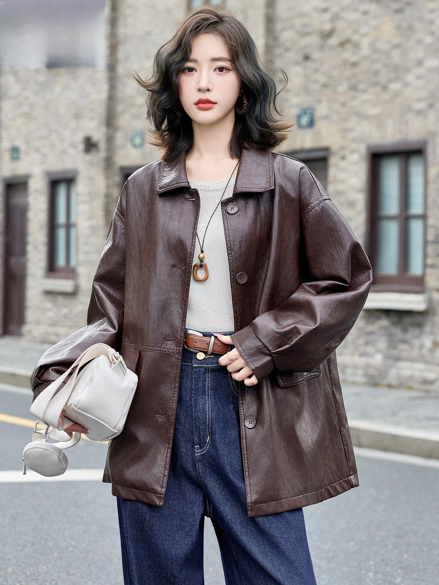 

Women's Mid-Length PU Leather Jaet Loose Casual Korean Sle Vintage Windbreaker Coat Button Decor Commute Sle Long Sve