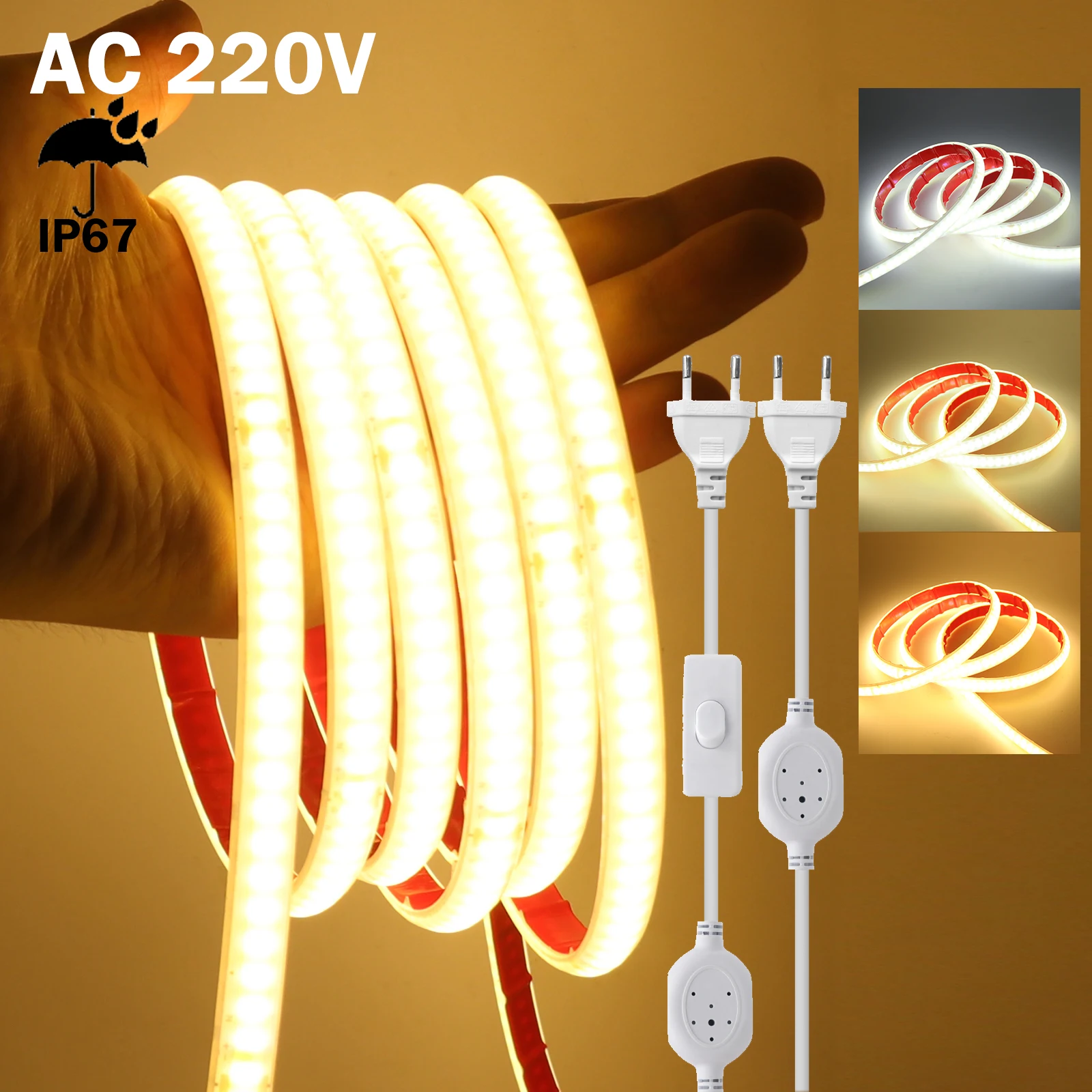 

220V COB LED Strip Waterproof 240LEDs/m Silicone Tube LED Light Strip with Switch Flexible Lamp Adhesive Tape for Home Decor