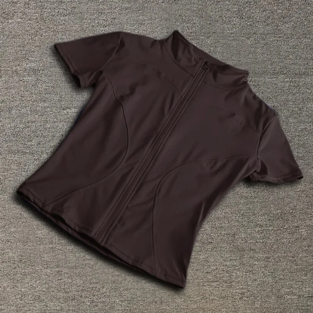 Full Zipper Standing Collar Yoga Shirts - Women's Summer Waist-Slimming Quick-Drying Short Sleeve Workout Tops