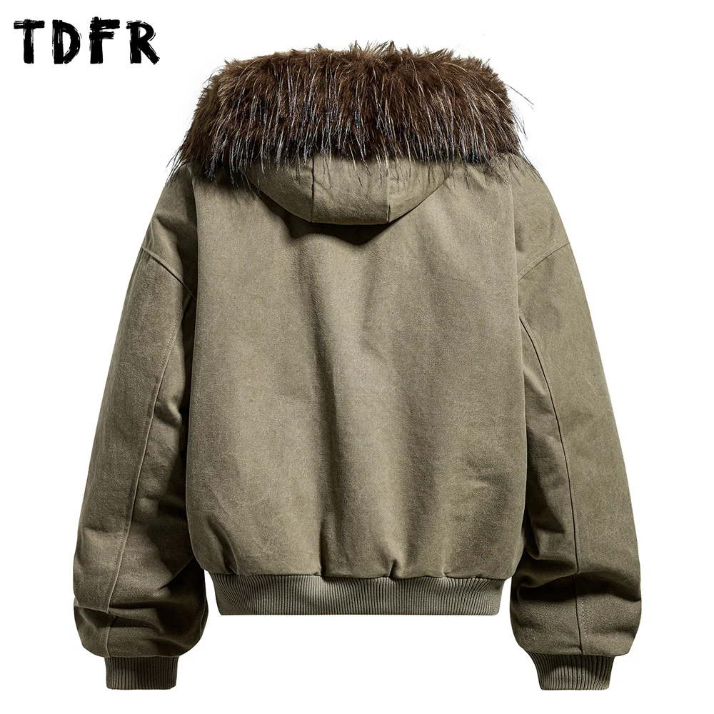 Solid Color Spliced Hooded Cargo Padded Jacket Mens Winter Casual Retro Loose Long Sleeve Removable Hat Thick Outerwear Man