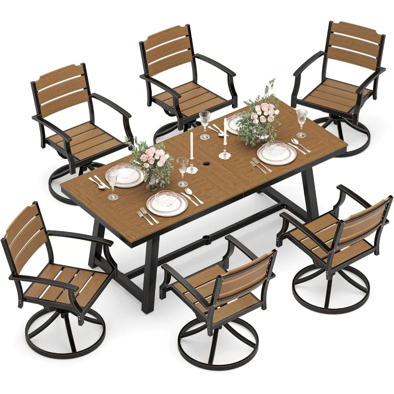 Chairs Set 7Pcs,HDPS Patio Dining Set Swivel Rocking with Umbrella Hole, Aluminum Frame with HDPS Seat, Bullard