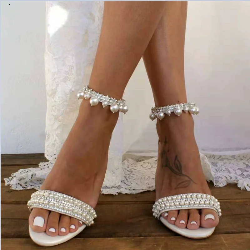 summer-new-round-headed-pearl-rhinestones-with-square-heel-wedding-shoes-banquet-large-size-thick-high-heeled-women's-sandals