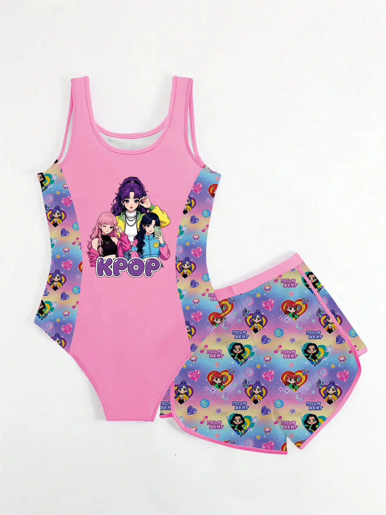 moda-praia-feminina-2-pecas-tema-kpop-monokini-rosa-vibrante-com-estampa-de-anime-e-glitter-galaxia-coracao-estrela