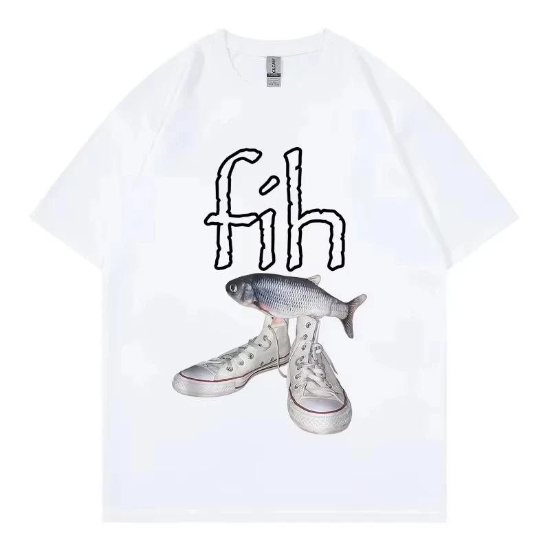 เสื้อยืดลายมีมปลาสะกดผิด ผู้ชาย ผู้หญิง แฟชั่นลำลอง แขนสั้น เสื้อยืดตลก สไตล์ใหม่ ขายดี ลายรองเท้าปลา เสื้อยืดลายกราฟิก